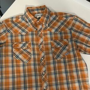 Vintage Wrangler Men's Orange and Blue Plaid Shirt